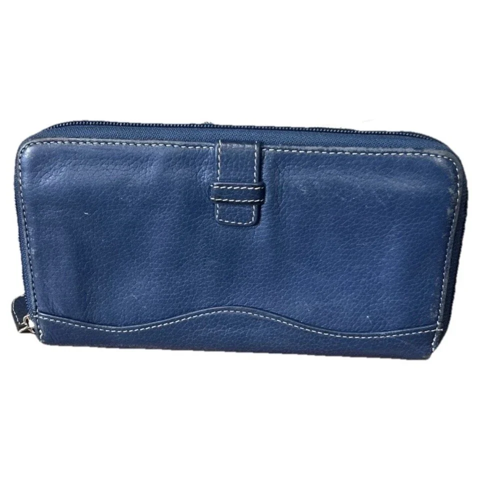 Tignanello Blue Pebbled Genuine Leather Zip Around Wallet Organizer Pocketbook